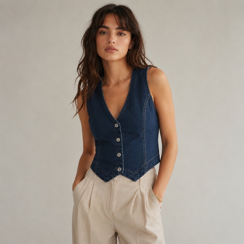 Denim Button Front Vest Y2K Western Indie Boho Fitted Waistcoat L - Picture 2 of 7